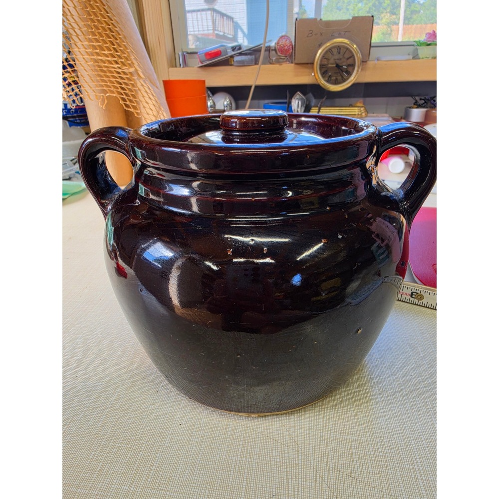Vintage USA Brown Glazed Stoneware Bean Pot with Lid Two Handle Ceramic Crock